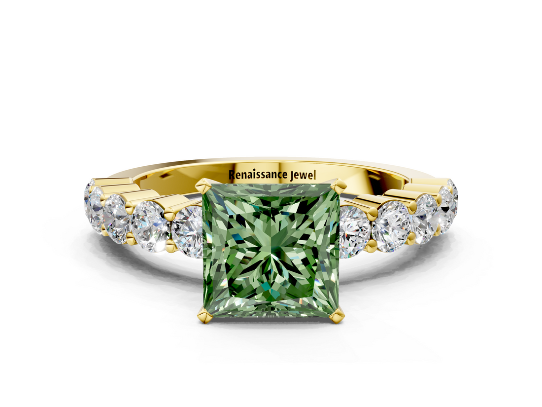 Yellow gold Fancy Green Princess  Diamond Pavé Band Solitaire with Four-Prong Setting