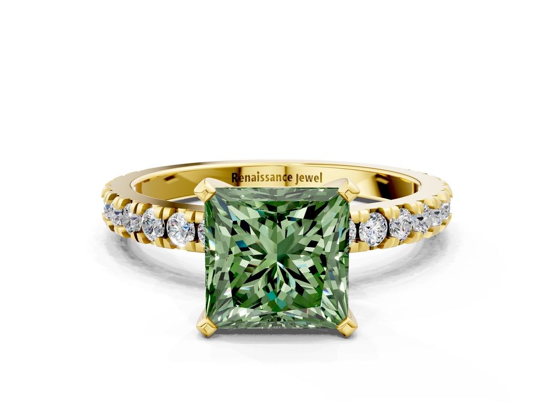 Yellow gold Fancy Green Princess  Diamond Pavé Band Solitaire with Four-Prong Setting