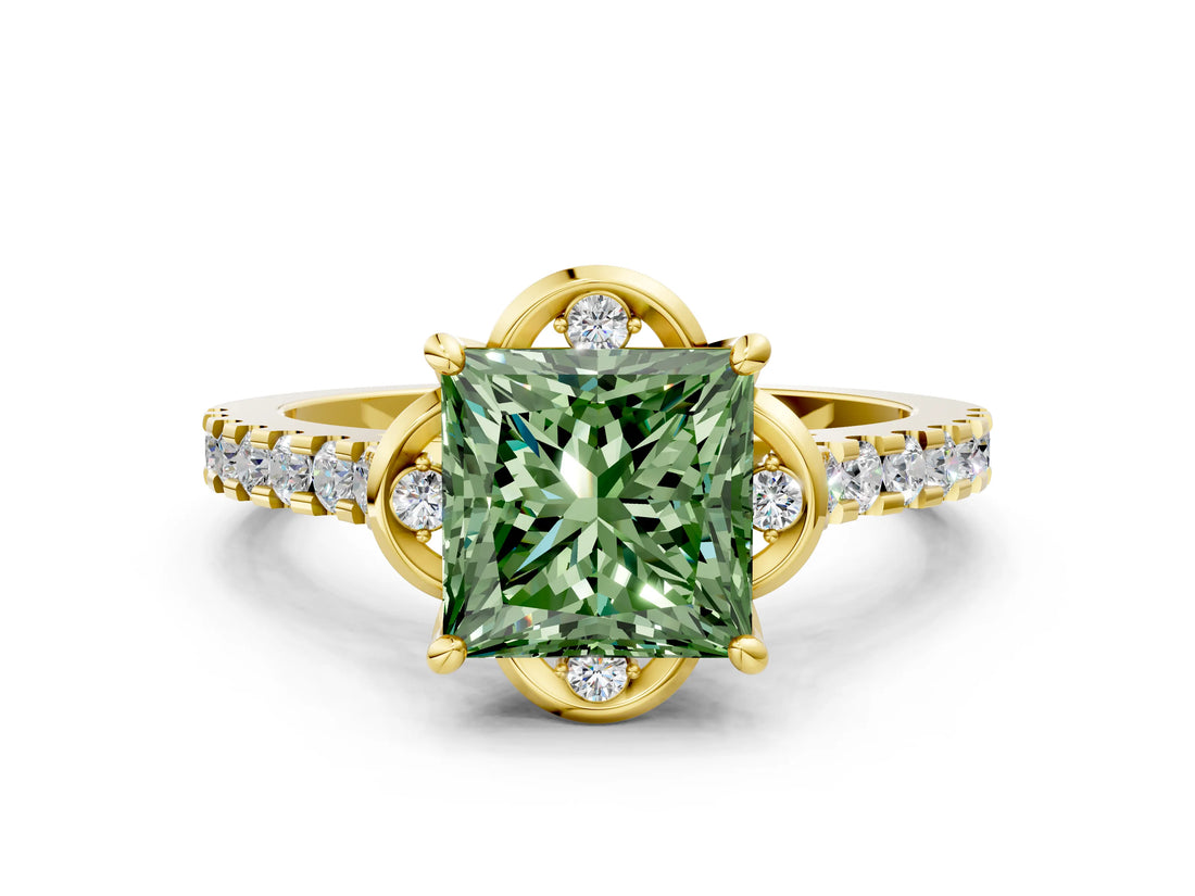 Yellow gold Fancy Green Princess  Diamond Pave Band with Floral Prong Setting_27