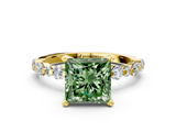Yellow gold Fancy Green Princess  Diamond Prong Set Engagement Ring with Pave Band