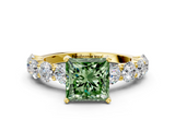 Yellow gold Fancy Green Princess  Diamond Prong Setting with Side Stones on a Pave Band