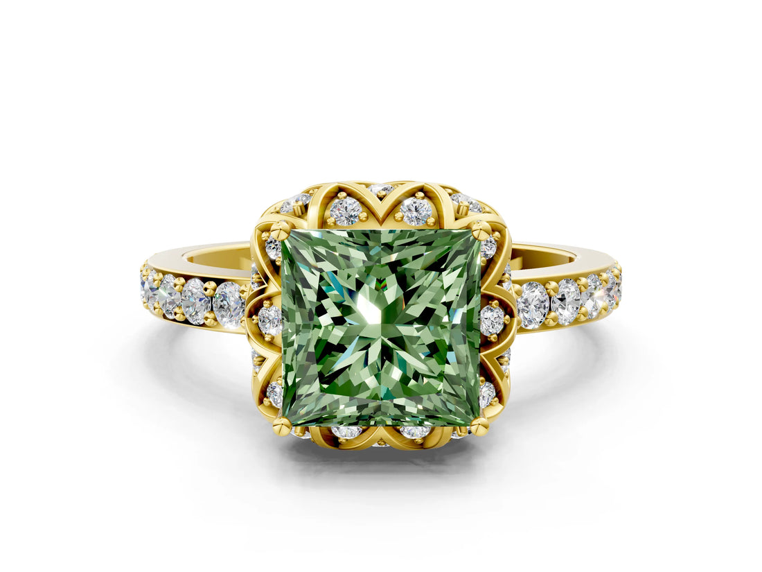 Yellow gold Fancy Green Princess  Diamond Solitaire Ring with Shared Prong Pavé Band_30