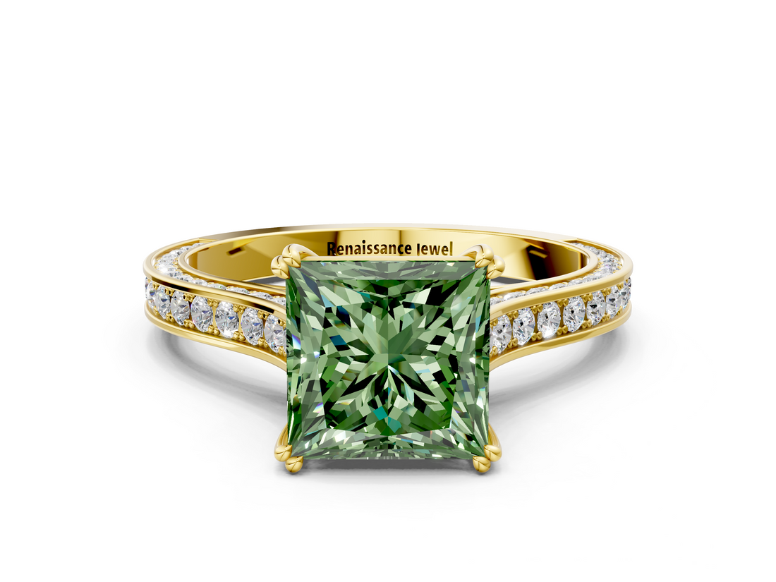 Yellow gold Fancy Green Princess  Diamond Solitaire with Pave Band and Six-Prong Setting