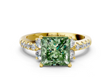 Yellow gold Fancy Green Princess  Diamond Three-Stone Pave Band with Four-Prong Setting
