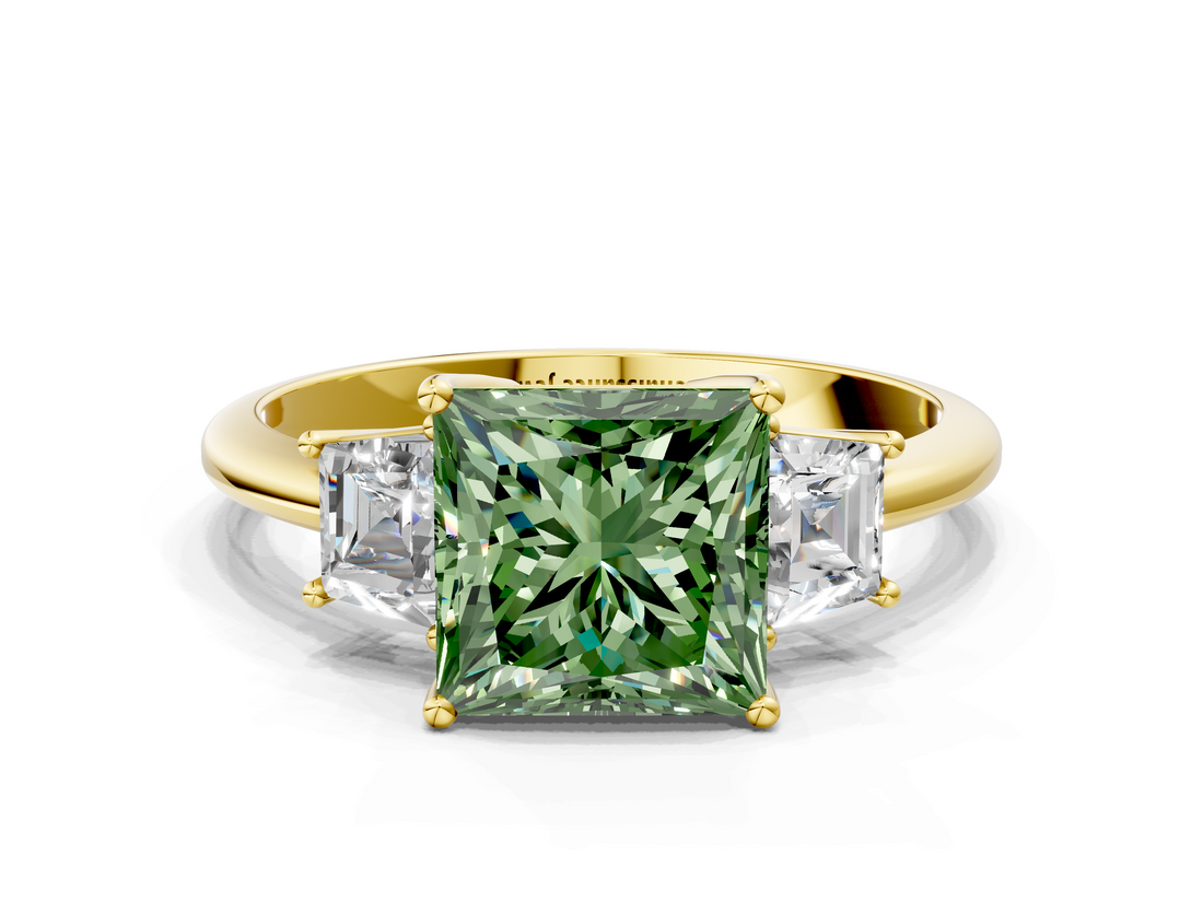 Yellow gold Fancy Green Princess  Diamond Three-Stone Ring with Trapezoid Side Stones and Prong Setting