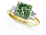 Yellow gold Fancy Green Princess  Diamond Three-Stone Ring with Trapezoid Side Stones and Prong Setting_1
