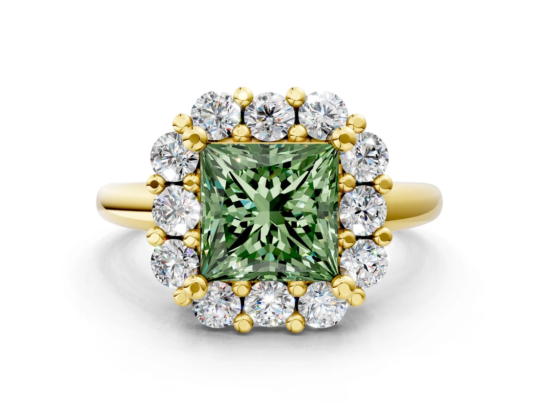 Yellow gold Fancy Green Princess  Halo Cluster Diamond Engagement Ring with Prong Setting and Polished Band_39