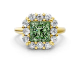 Yellow gold Fancy Green Princess  Halo Cluster Diamond Engagement Ring with Prong Setting and Polished Band_39