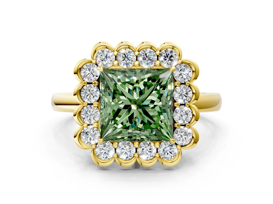 Yellow gold Fancy Green Princess  Halo Cluster Diamond Engagement Ring with Solitaire Band and Prong Setting_45