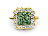 Yellow gold Fancy Green Princess  Halo Cluster Diamond Engagement Ring with Solitaire Band and Prong Setting_45