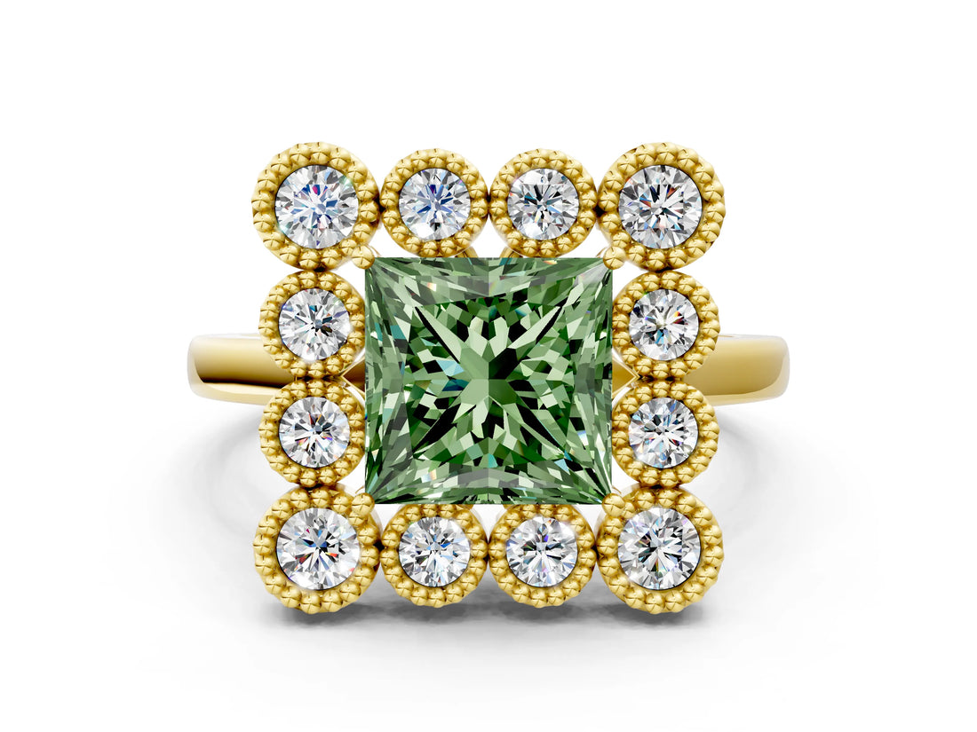 Yellow gold Fancy Green Princess  Halo Diamond Cluster Engagement Ring with Milgrain Bezel Setting and Solitaire Band_39