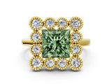 Yellow gold Fancy Green Princess  Halo Diamond Cluster Engagement Ring with Milgrain Bezel Setting and Solitaire Band_39