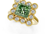 Yellow gold Fancy Green Princess  Halo Diamond Cluster Engagement Ring with Milgrain Bezel Setting and Solitaire Band_40