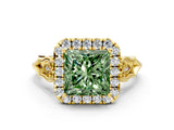 Yellow gold Fancy Green Princess  Halo Diamond Engagement Ring with Filigree Band and Four-Prong Setting_81