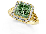 Yellow gold Fancy Green Princess  Halo Diamond Engagement Ring with Filigree Band and Four-Prong Setting_82