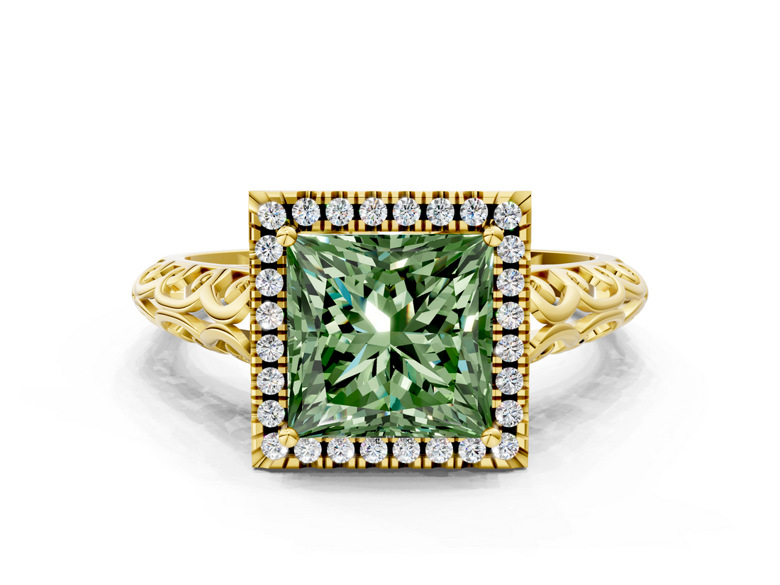 Yellow gold Fancy Green Princess  Halo Diamond Engagement Ring with Intricate Filigree Band and Four-Prong Setting