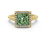Yellow gold Fancy Green Princess  Halo Diamond Engagement Ring with Intricate Filigree Band and Four-Prong Setting