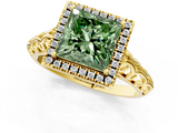 Yellow gold Fancy Green Princess  Halo Diamond Engagement Ring with Intricate Filigree Band and Four-Prong Setting_1