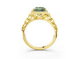Yellow gold Fancy Green Princess  Halo Diamond Engagement Ring with Intricate Filigree Band and Four-Prong Setting_3