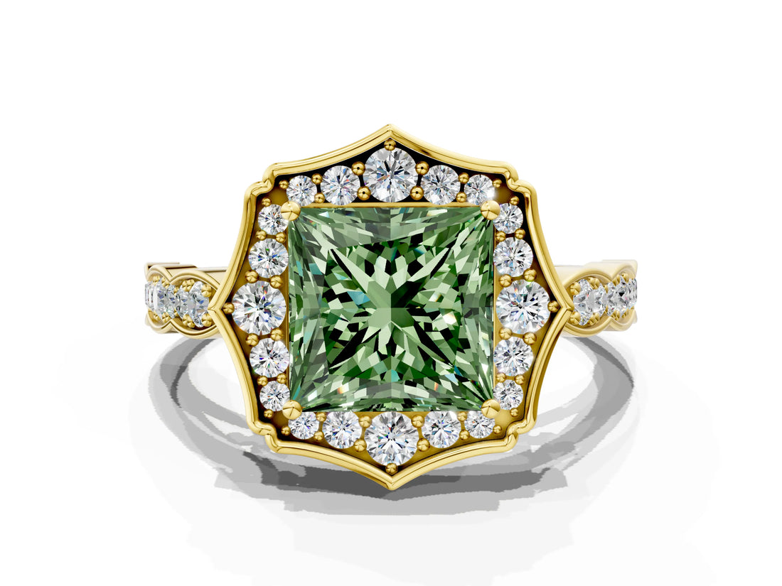 Yellow gold Fancy Green Princess  Halo Diamond Engagement Ring with Milgrain Band and Four-Prong Setting_17