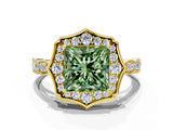 Yellow gold Fancy Green Princess  Halo Diamond Engagement Ring with Milgrain Band and Four-Prong Setting_17