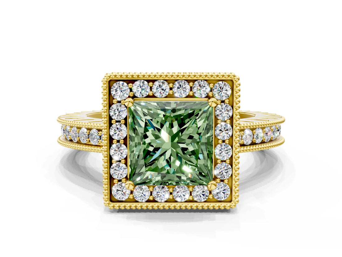 Yellow gold Fancy Green Princess  Halo Diamond Engagement Ring with Milgrain Pave Band and Four-Prong Setting_12