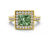 Yellow gold Fancy Green Princess  Halo Diamond Engagement Ring with Milgrain Pave Band and Four-Prong Setting_12