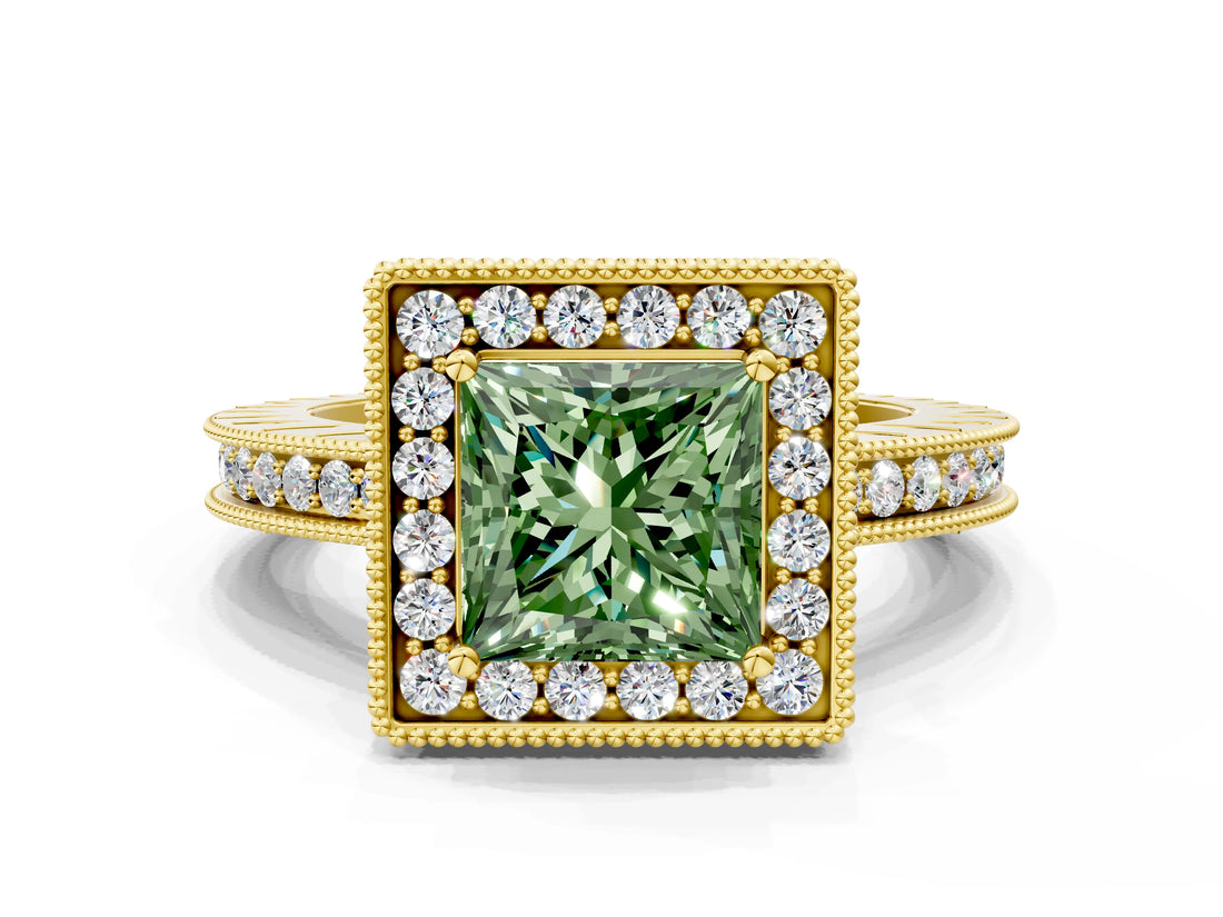 Yellow gold Fancy Green Princess  Halo Diamond Engagement Ring with Milgrain Pave Band and Four-Prong Setting_75