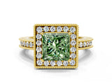 Yellow gold Fancy Green Princess  Halo Diamond Engagement Ring with Milgrain Pave Band and Four-Prong Setting_75