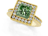 Yellow gold Fancy Green Princess  Halo Diamond Engagement Ring with Milgrain Pave Band and Four-Prong Setting_76
