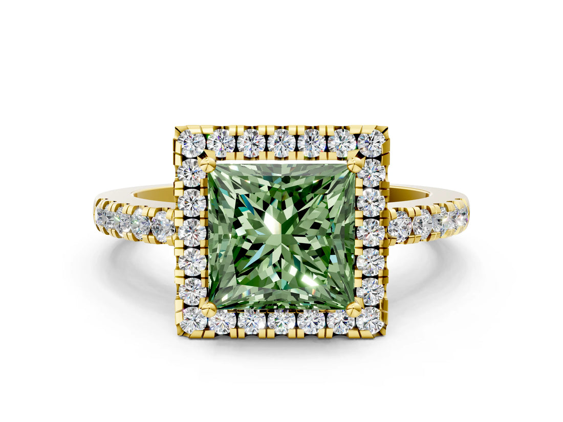 Yellow gold Fancy Green Princess  Halo Diamond Engagement Ring with Pavé Band and Four-Prong Setting_87