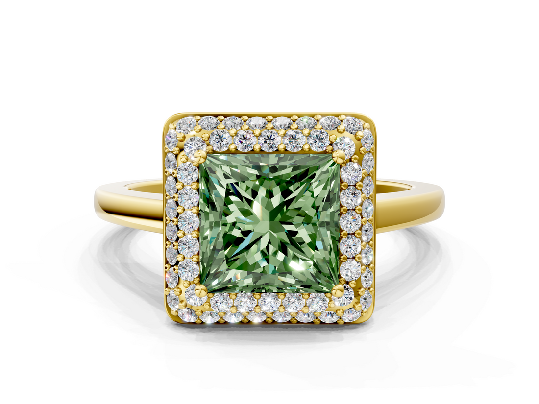 Yellow gold Fancy Green Princess  Halo Diamond Engagement Ring with Solitaire Band and Four-Prong Setting