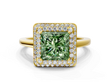 Yellow gold Fancy Green Princess  Halo Diamond Engagement Ring with Solitaire Band and Four-Prong Setting