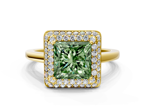 Yellow gold Fancy Green Princess  Halo Diamond Engagement Ring with Solitaire Band and Four-Prong Setting