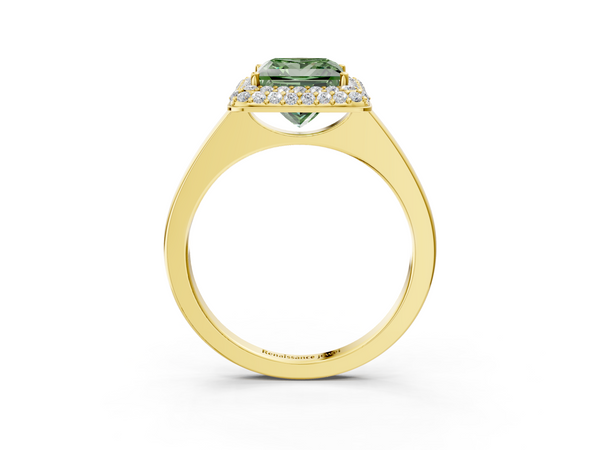 Yellow gold Fancy Green Princess  Halo Diamond Engagement Ring with Solitaire Band and Four-Prong Setting