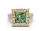 Yellow gold Fancy Green Princess  Halo Diamond Engagement Ring with Split Shank and Four-Prong Setting 1