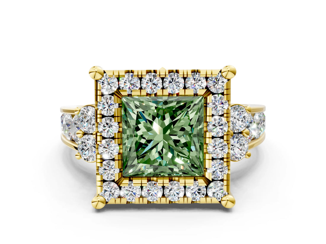Yellow gold Fancy Green Princess  Halo Diamond Engagement Ring with Split Shank and Four-Prong Setting