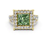 Yellow gold Fancy Green Princess  Halo Diamond Engagement Ring with Split Shank and Four-Prong Setting