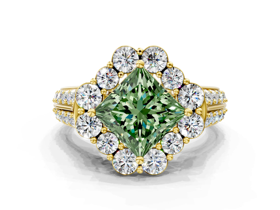 Yellow gold Fancy Green Princess  Halo Diamond Engagement Ring with Split Shank and Prong Setting_30
