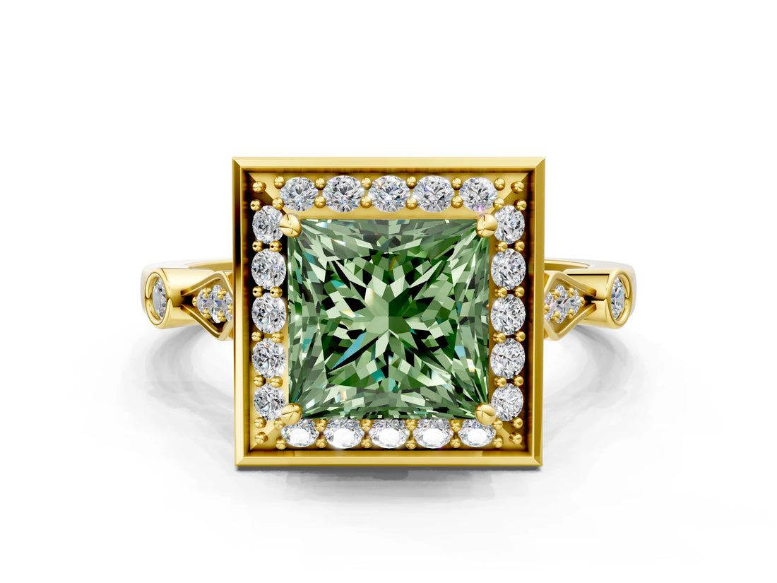 Yellow gold Fancy Green Princess  Halo Diamond Engagement Ring with Twisted Band and Four-Prong Setting 2