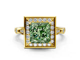 Yellow gold Fancy Green Princess  Halo Diamond Engagement Ring with Twisted Band and Four-Prong Setting 2