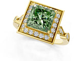 Yellow gold Fancy Green Princess  Halo Diamond Engagement Ring with Twisted Band and Four-Prong Setting 3