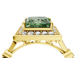 Yellow gold Fancy Green Princess  Halo Diamond Engagement Ring with Twisted Band and Four-Prong Setting