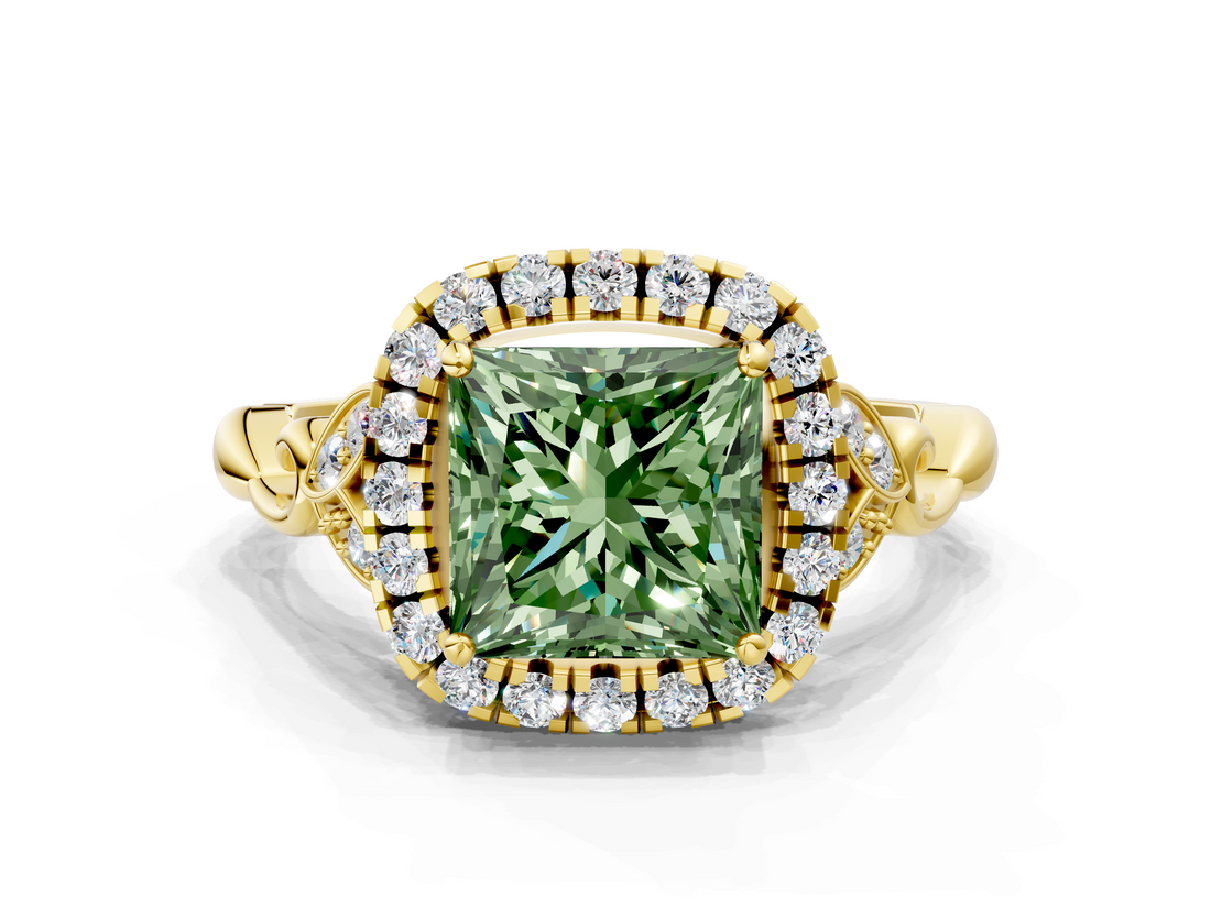 Yellow gold Fancy Green Princess  Halo Diamond Engagement Ring with Vintage-Inspired Band and Four-Prong Setting_3