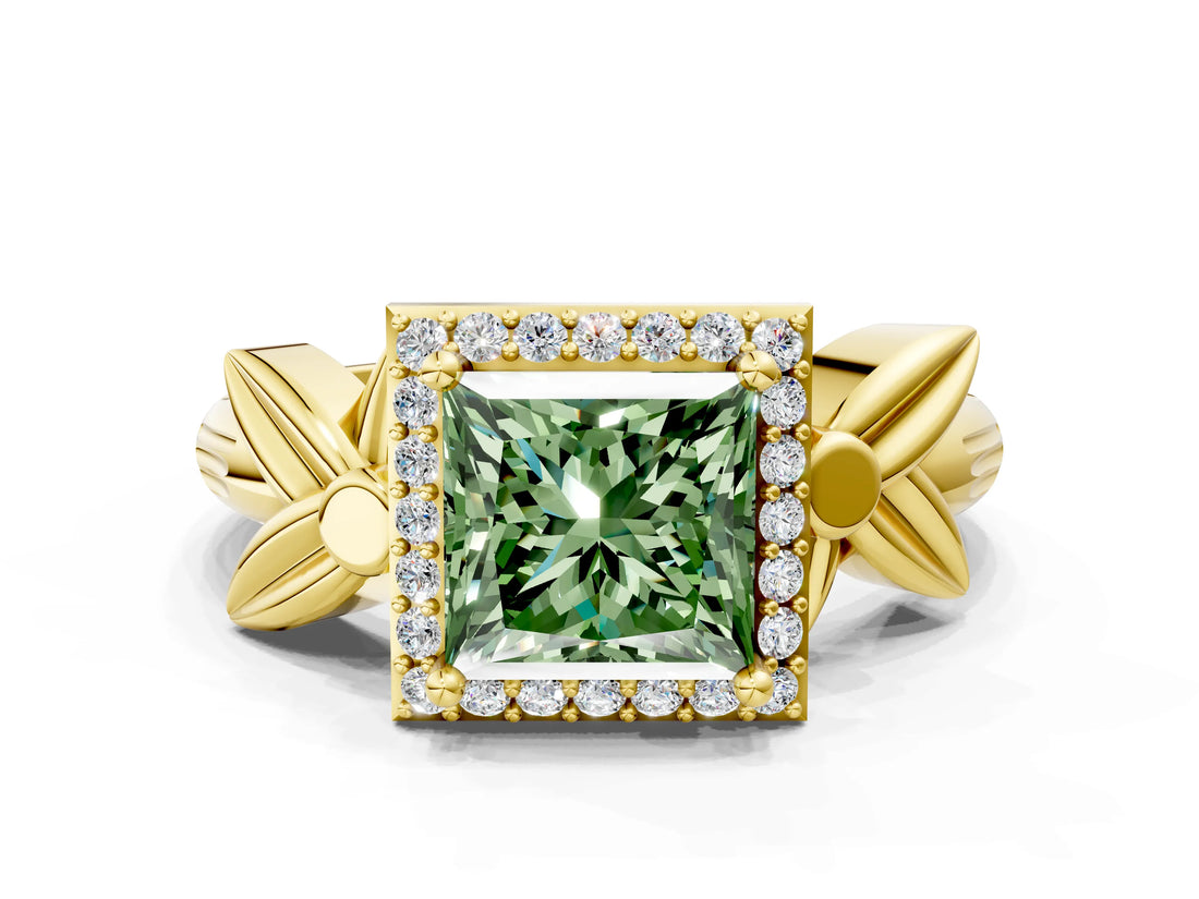 Yellow gold Fancy Green Princess  Halo Diamond Floral Band with Four-Prong Setting_36