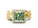 Yellow gold Fancy Green Princess  Halo Diamond Floral Band with Four-Prong Setting_36