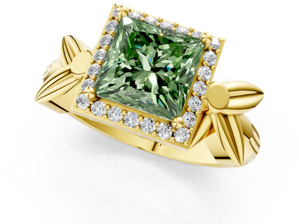 Yellow gold Fancy Green Princess  Halo Diamond Floral Band with Four-Prong Setting