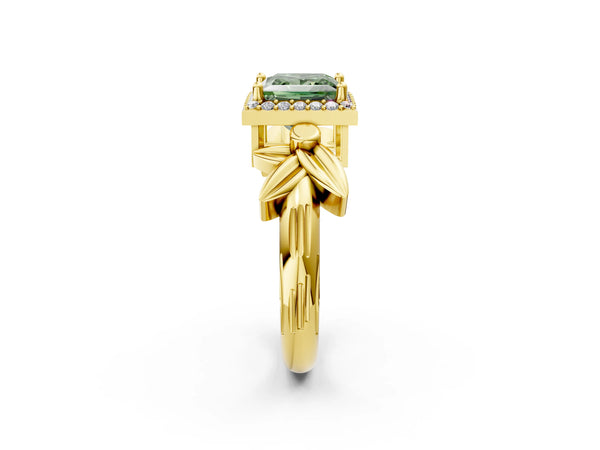 Yellow gold Fancy Green Princess  Halo Diamond Floral Band with Four-Prong Setting
