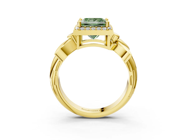 Yellow gold Fancy Green Princess  Halo Diamond Floral Band with Four-Prong Setting
