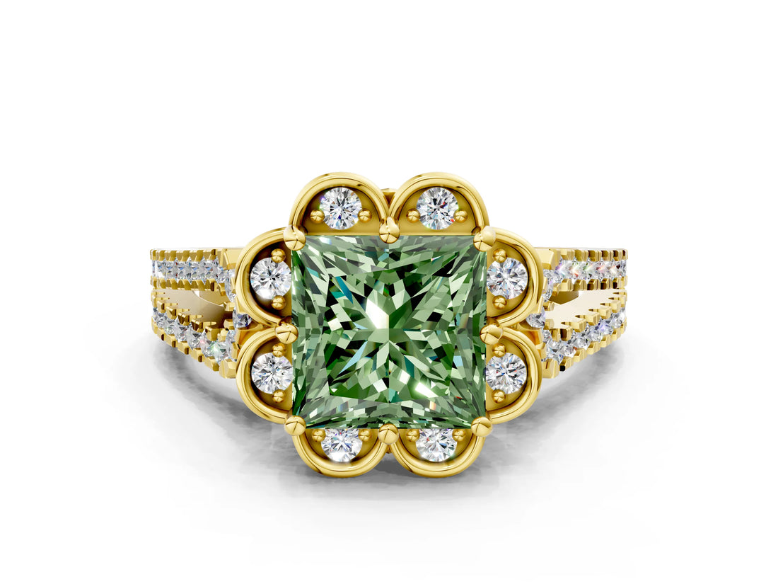 Yellow gold Fancy Green Princess  Halo Diamond Floral Split Shank Engagement Ring 1